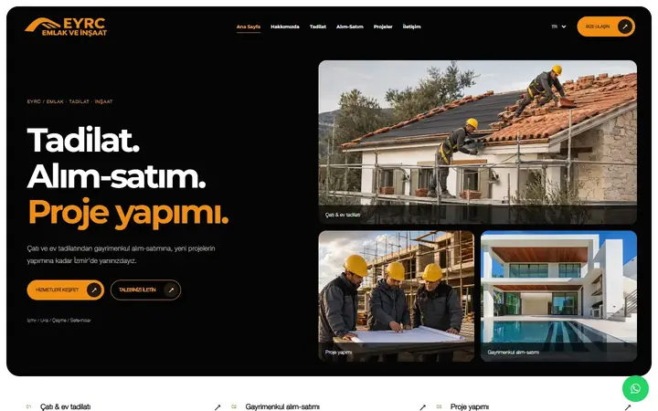 EYRC Emlak ve İnşaat web sitesinin masaüstü ana sayfa görünümü
