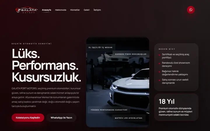 Galata Port Motors web sitesinin masaüstü ana sayfa görünümü