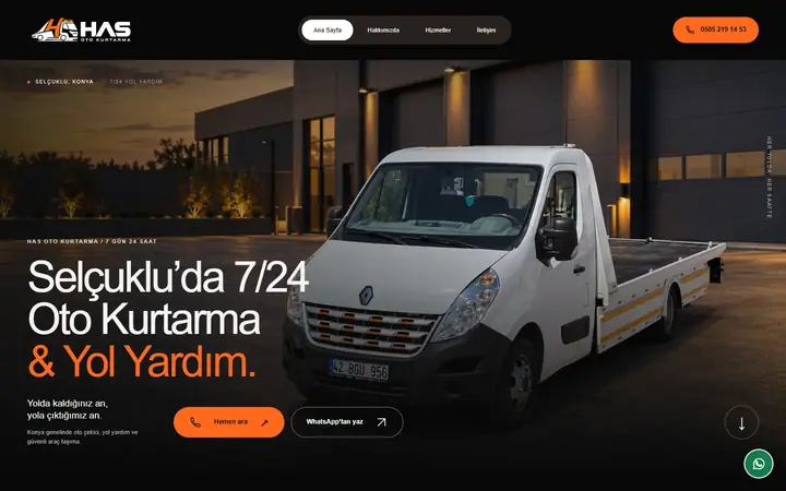 Has Oto Kurtarma web sitesinin masaüstü ana sayfa görünümü