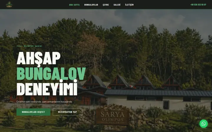 Sarya Olimpos Bungalov web sitesinin masaüstü ana sayfa görünümü