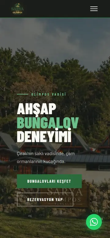 Sarya Olimpos Bungalov web sitesinin mobil görünümü