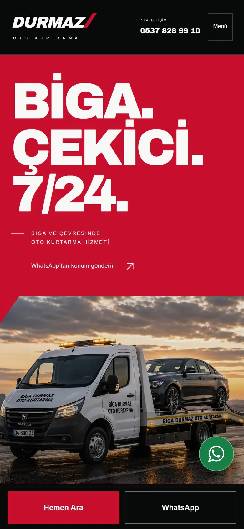 Biga Durmaz Oto Kurtarma web sitesinin mobil görünümü