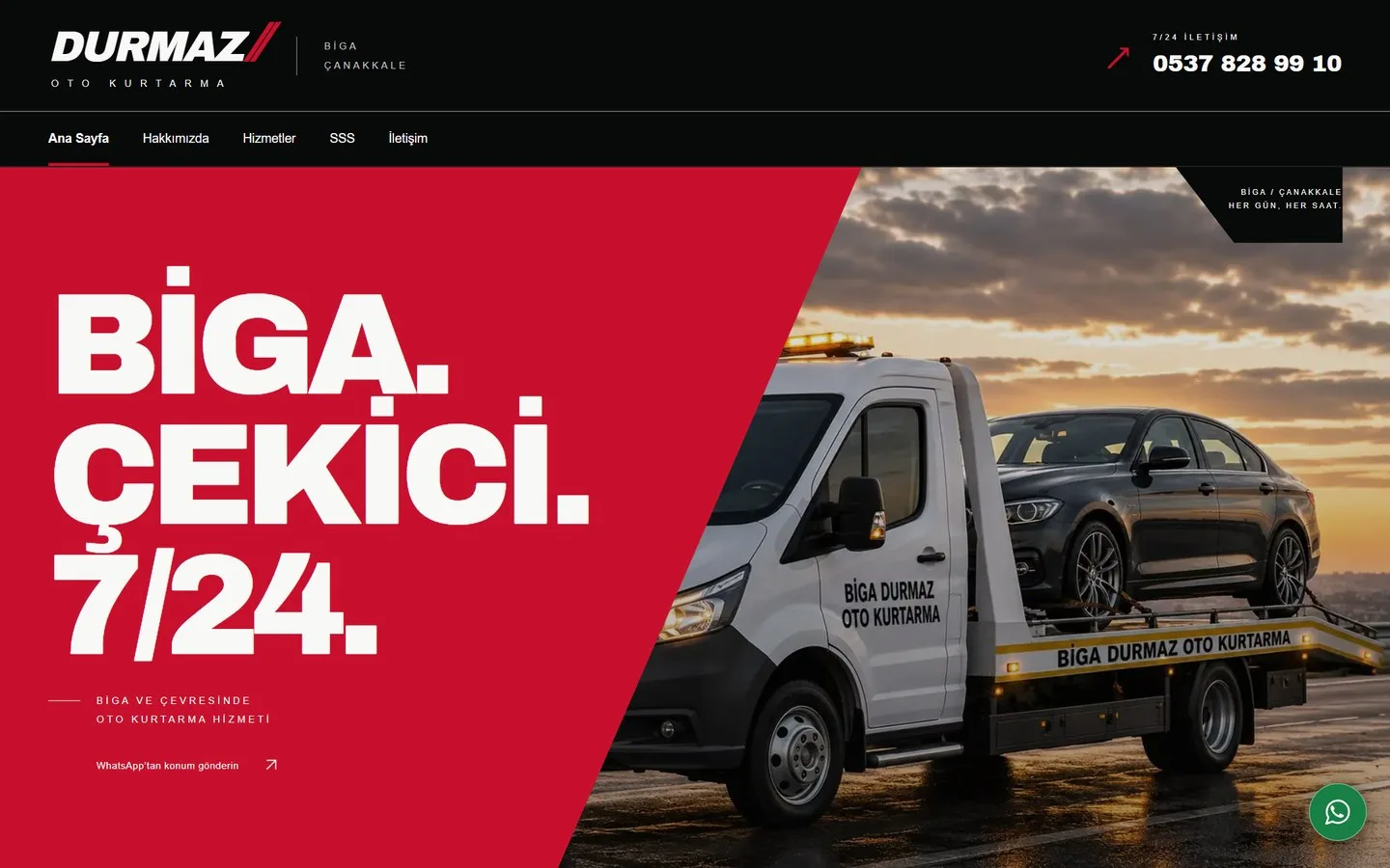 Biga Durmaz Oto Kurtarma web sitesinin masaüstü ana sayfa görünümü